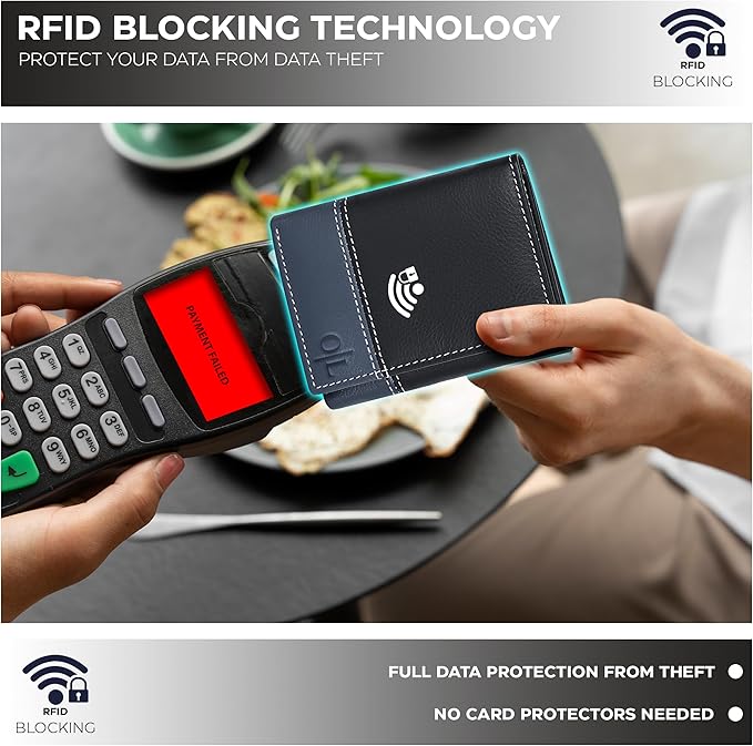 Real Leather Mens Trifold Wallet RFID Blocking Slim Minimalist Front Pocket - Thin & Stylish with ID Window in Gift Box