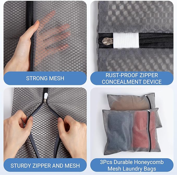 3Pcs 12 x 16 Inches Laundry Bags for Delicates, Durable Honeycomb Mesh Laundry Bags, Sturdy Zipper Laundry Bag for Lingerie, Clothes, Shoes, Socks, Gray