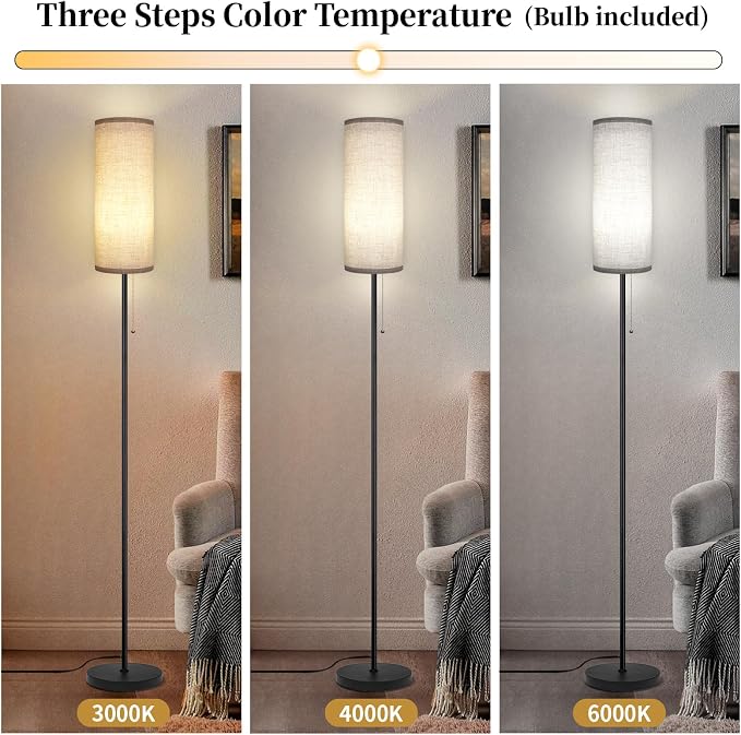 Floor Lamp for Living Room, Modern Standing Lamps with Lampshade, Minimalist Tall Lamp with Chain Switch for Living Room, LED Bulb Included (Beige Shade)