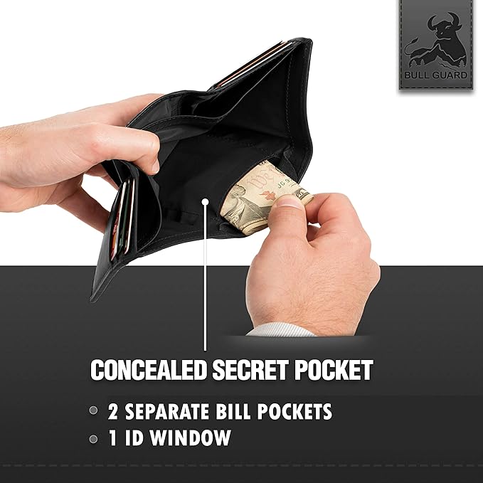 BULL GUARD Mens RFID Wallet, Black Top Grain Genuine Leather, ID and Secret Pocket, Trifold for Work, Sport, Outdoors