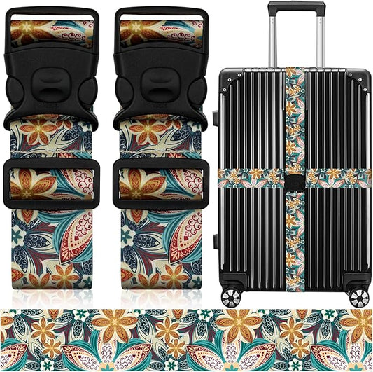 2 Pack Luggage Straps for Suitcases, Adjustable Travel Belt with Double Lock and Quick Release Buckle, Heavy Duty Nylon Bag Packing Strap, Unique Identifiers Business Travel Accessories-Green Flowers
