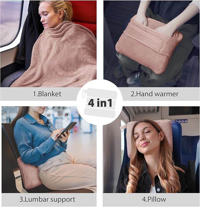 DEZ FURNISHINGS 4-in-1 Travel Compact Blanket Pillow Super Soft Velvet with Luggage Sleeve and Backpack Clip, Dusty Pink, 60" x 45"