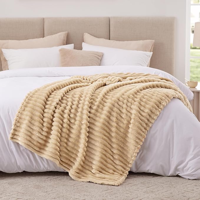 EXQ Home Fleece Blanket Twin Size for Couch or Bed - 3D Stripe Jacquard Decorative Blankets - Cozy Soft Lightweight Fuzzy Flannel Blanket Suitable for All Seasons(60"×80",Camel)