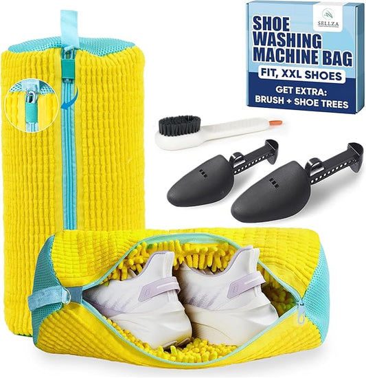 Shoe Washing Machine Bag –2 Pcs Reusable Laundry Shoe Bag with Brush & Shoe Trees, 360° Deep Cleaning Sneaker Washing Machine Bag, Fits All Shoe Types & Sizes (Yellow, 14.8 × 7.4 Inches)