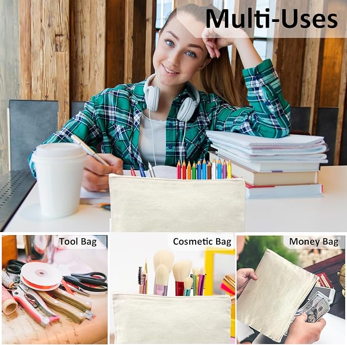 Koolmox Canvas Zipper Pouch - 9x7, 20 Pack with Zipper, Cotton Canvas for Embroidery, Tie Dye, Marker and Circuit Projects, Beige Travel Bags