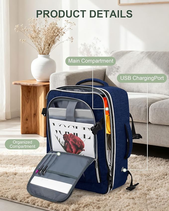 Travel Carry On 17.5" Laptop Expandable Backpack for Men Women, Personal Item Bag Waterproof Airline Approved with USB Charging Hole 3 Packing Cubes, Large Weekender Daypack Business Luggage Suitcase