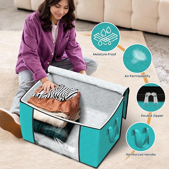 Fab totes 24 Gallons Clothes Storage, Foldable Thick Fabric Blanket Storage Bags, Containers for Organizing Bedroom, Closet, Clothing, Comforter, Organization with Handle (4 Pack,Green)