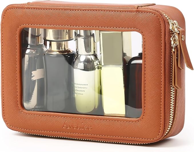 Aveniee Clear Makeup Bag, Travel Toiletry Case for Women, Cosmetic Pouch with Zippers, Car Storage Organizer for Essentials,Brown,Medium Classic