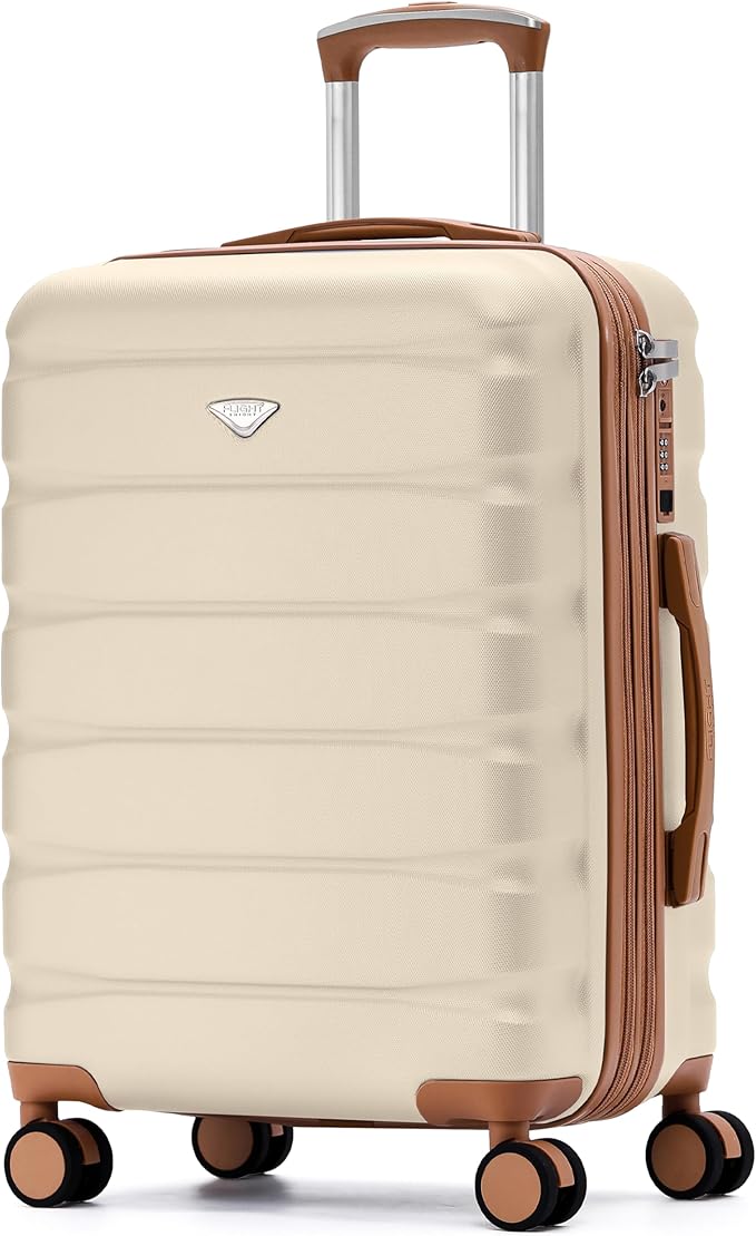Flight Knight 24x16x10 Expandable Carry On Suitcase Hardside TSA Lock USB C Lightweight Luggage Silent Double Spinner Wheels Maximum Overhead Carry-On Bag For Virgin South West Approved Cream/Tan
