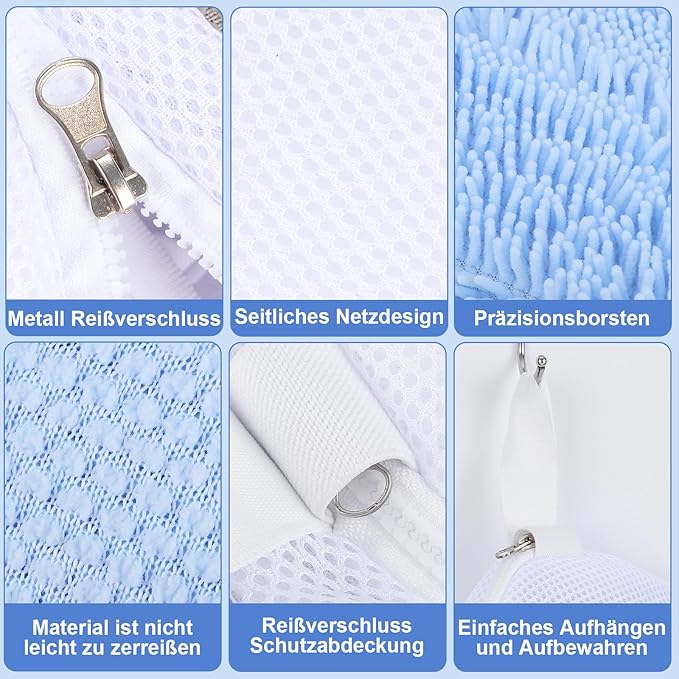 Shoe Washing Machine Bags, 2 PCS Reusable Blue+White Chenille Laundry Bags for Washing Machine, 360 Wrap-Around Clean Shoe Laundry Bags with Hidden Zipper