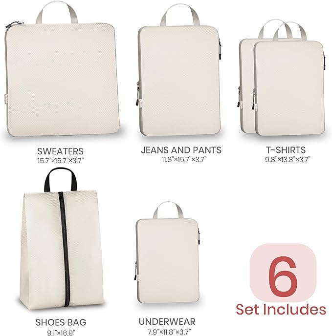 Compression Packing Cubes for Travel, Set of 6 Expandable Luggage Organizers with Shoe Bag, Lightweight Water-Resistant Suitcase Essentials for Carry-on & Checked Luggage, Apricot