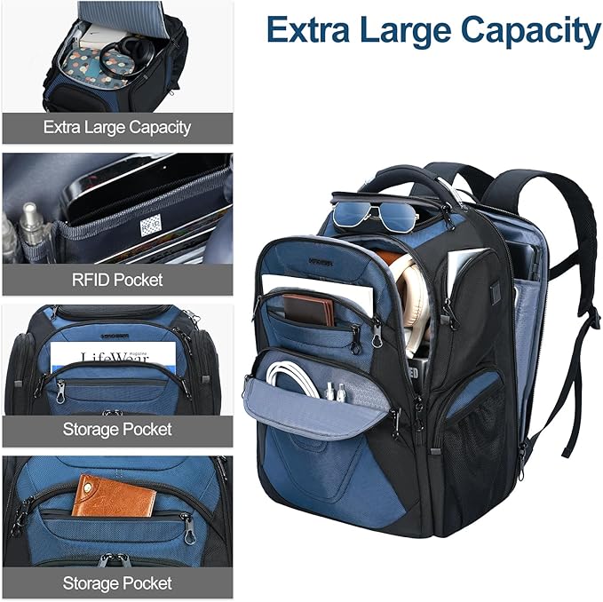 KROSER Friendly Travel Laptop Backpack 18.4 inch XXXL Gaming Backpack Water-Repellent College Daypack Business Backpack with RFID Pockets & USB Port for Men/Women-Black/Haze Blue