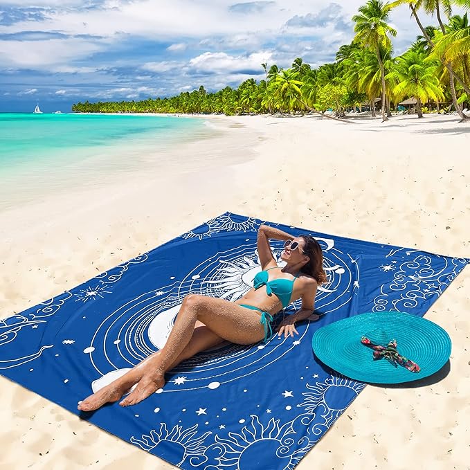Beach Blanket Waterproof Sandproof Beach Mat for 1-8 Adults Quick Drying Durable Outdoor Picnic Mat for Beach Festival Travel Camping Hiking (BL-SUNMOON, 79"×83"(4 Person))