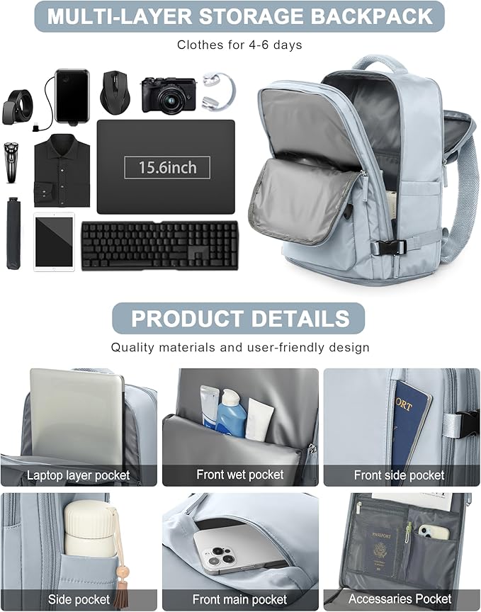 VGCUB Carry on Travel Backpack for Women Men Large Laptop Gym Work Frontier Airlines Personal Item Bag Business Airport Lightweight Backpack Flight Approved Mochilas de Viaje,Blue