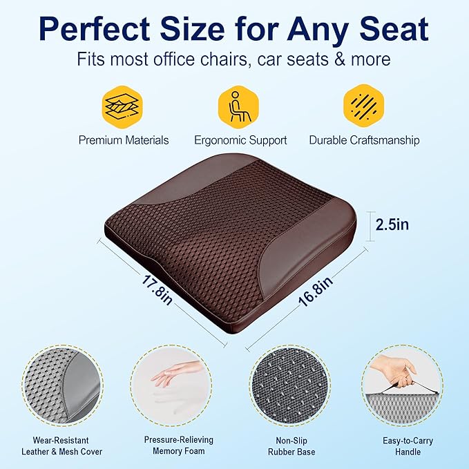 kingphenix Car Seat Cushion – Memory Foam Pad for Driving Comfort – Boosts Height and Relieves Coccyx & Lower Back Pain – Car, Truck, Office Chair (Leather & 4D Mesh Brown)