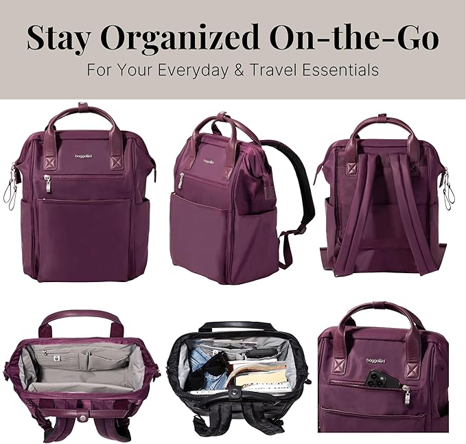 Baggallini Soho Backpack - Travel Laptop Backpack for Women - Lightweight Water-Resistant Luggage Bag, Mulberry