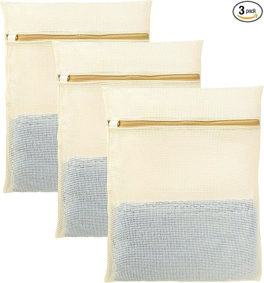3Pcs Mesh Laundry Bags for Delicates, Durable Organic Cotton Mesh Wash Bags, Sturdy Zipper Laundry Bag for Lingerie, Clothes, Shoes, Socks, Large