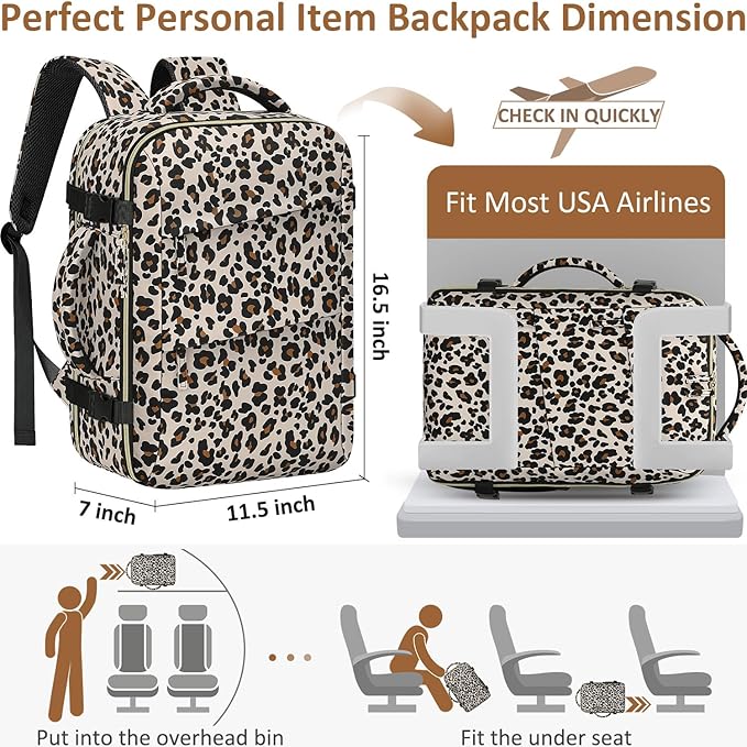 Carry on Backpack for Women TSA Approved 15.6 Inch Travel Laptop Backpack for Women Travel Essentials Foldable Womens Travel Backpack Suitcase Leopard Print