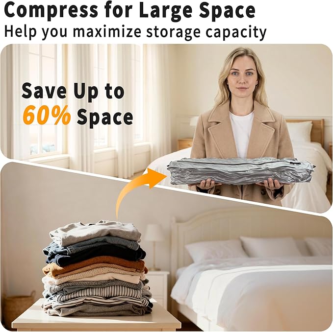 Reusable Vacuum Bags for Travel With Pump,Professional Waterproof IPX8 Vacuum Compression Bag for Suitcases Backpack,Space Saver Bags Packing Organizers for Clothing Packing(2 Pack,Gray)
