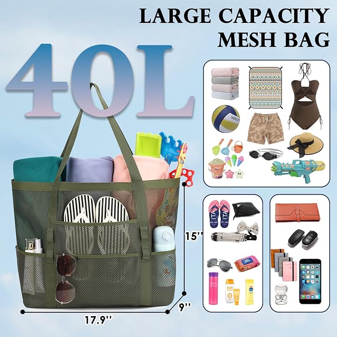 Fammart Mesh Beach Bag, Large Beach Tote with Zipper Pocket, Toys Pool Bag for Family Travel Vacation Cruise Essentials