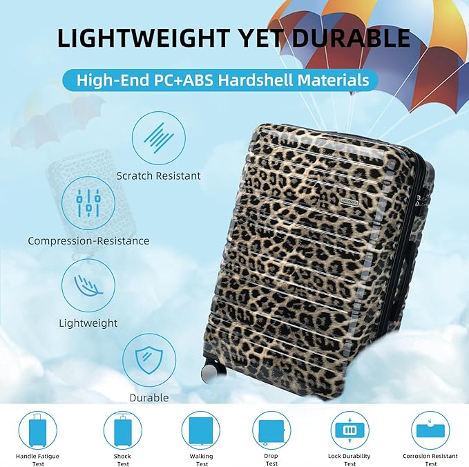 LARVENDER Luggage Sets 6 Piece, Expandable Luggage Hardside PC+ABS Leopard Suitcase Sets with Spinner Wheels TSA Lock, Lightweight Rolling Suitcase for Men and Women, Cheetah Print