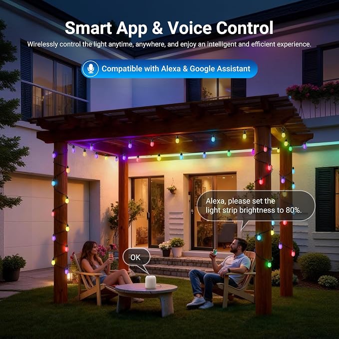 NEEWER 48ft Outdoor String Lights, App Control Smart AI RGBW Hanging, NR01 | Outside Patio Balcony Backyard Holiday Lighting, IP65 Waterproof, 15 LED Bulbs, 50+ Scenes, Compatible with Alexa Google