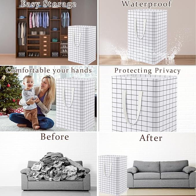 Waterproof Laundry Hamper Collapsible Laundry Basket Leather Handle Laundry Bag Large Clothes Storage Toy Organization for Bathroom Bedroom Laundryroom College Dorms (Laundry Basket-005)