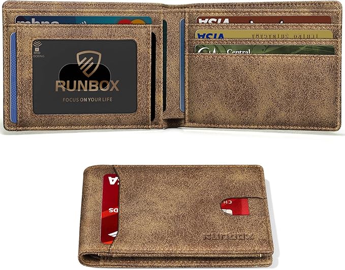 RUNBOX Wallet for Men Slim 11 Credit Card Holder Slots Leather RFID Blocking Small Thin Men's Wallet Bifold Minimalist Front Pocket Large Capacity Gift Box