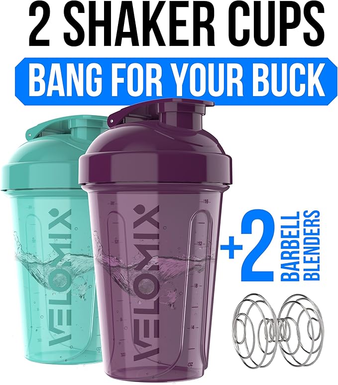 VELOMIX -2 Pack- 20 oz Protein Shaker Bottles for Protein Mixes - 2x Wire Whisk | Leak Proof Shaker Cups for Protein Shakes and Pre Workout | Protein Shaker Bottle Pack (Midnight Aqua)