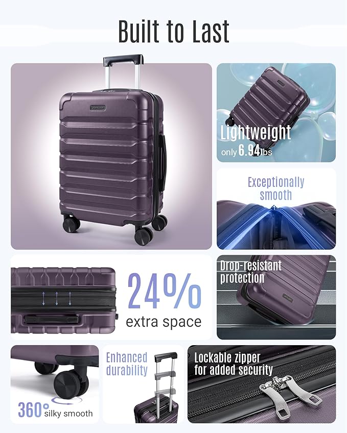 LIGHT FLIGHT Carry On Luggage 22x14x9 Airline Approved, Expandable Carry On Suitcases with Wheels, Lightweight Luggage, Durable Hard Shell 20 Inch Rolling Suit Case for Men Women Travel, Lilac Purple