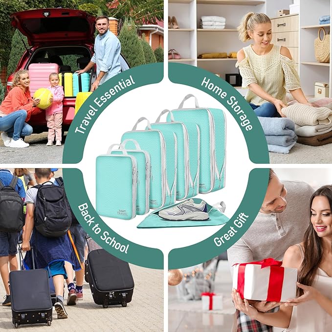 6 Set Compression Packing Cubes, Suitcase Organizer, Lightweight Travel Essentials, Compression Bags For Travel Accessories Luggage Storage Set (6Pcs, Blue)