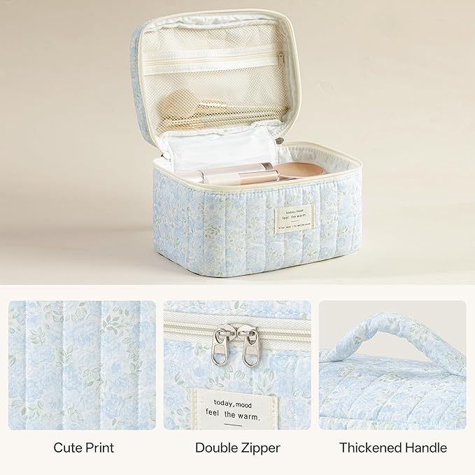 HBselect Quilted Makeup Bag, 3PCS Cotton Large Travel Makeup Bag, Cute Floral Coquette Make up Bag Cosmetic Bag Toiletry Bag for Women Girls
