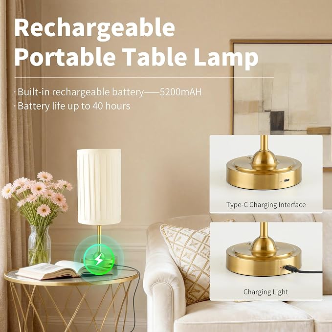 Mr.White Set of 2 Rechargeable Cordless Table Lamp with Fabric Shade, 5200mAh Battery Operated LED Touch Table Light, for Restaurant Kitchen Patio Dinner (Bronze)