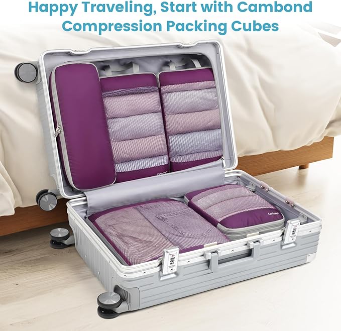 Cambond See Through Mesh Compression Packing Cubes - 5 Piece Expandable Space Saving Packing Cubes for Travel with Underwear Bag, Lightweight Luggage Packing Organizers for Suitcases, Purple