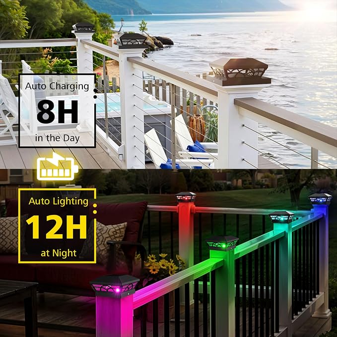 T-SUN 4X4 Post Solar Lights, Color Changing Solar Post Lights, Black 6 Pack | IP65 Waterproof,Fence Post Lights for 3.5x3.5 4x4 5x5 5.5x5.5 Wood/Vinyl Posts, Solar Deck Post Lights for Patio,Garden,Porch