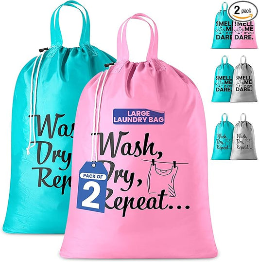 Handy Laundry Extra Large Travel Laundry Bags 2-Pack – Heavy Duty, Water-Resistant, Holds 4 Loads, Drawstring Closure, Fun Print for Camping, Dorms, Travel, Pink-Teal, 24 x 36 in