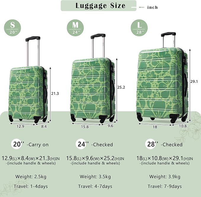 Merax Suitcase Set, Hardshell Luggage Sets 3 Piece with Spinner Wheels, Durable Printing Suitcase with TSA Lock Lightweight 20" 24" 28",Green