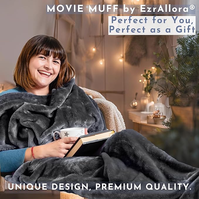 Fleece Lightweight Foot Pocket Blanket -Patent Pending- Dorm Gamer Useful Gifts - TV Throw - Gift for Men Who Wants Nothing (Fleece, Velvet Anthracite)
