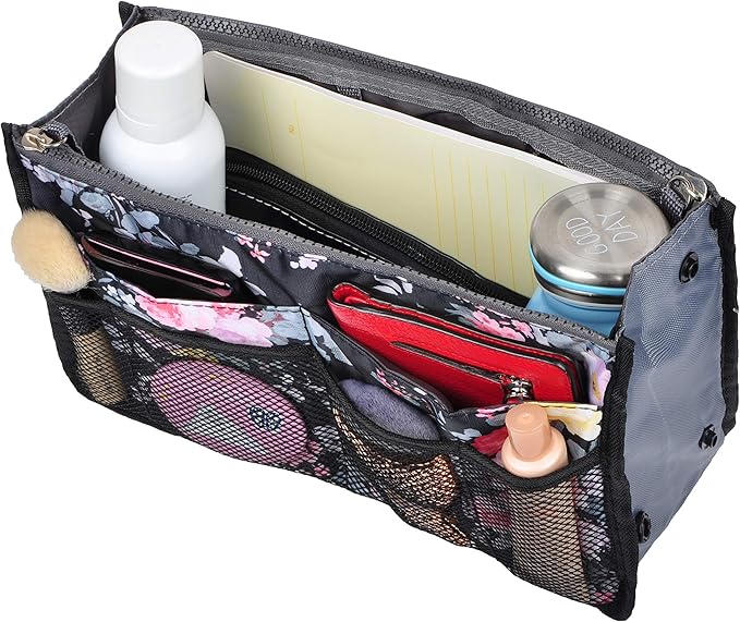 Vercord Purse Organizer Insert for Handbags Bag Organizers Inside Tote Pocketbook Women Nurse Nylon 13 Pockets Peony Flowers Small