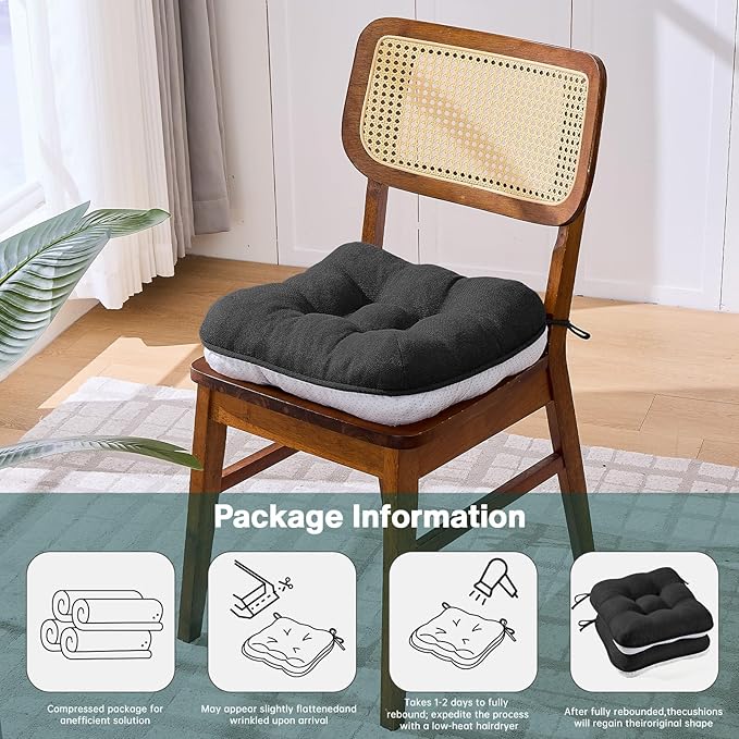 BETU Black Chair Cushions for Dining Chairs Set of 6,3.5" Thick Kitchen Table Chair Pads with Ties,Non Slip Backing and Covers,Seat Cushion for Dining Room,Bar,Patio Chairs,16"X16"X3.5",Black