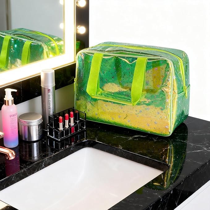 Holographic green Clear Star Large Cosmetic Bag and TPU Travel Pouch with Handle,Durable Material,Zipper Design-Ideal for Makeup,Travel Essentials (Holographic green+stars)