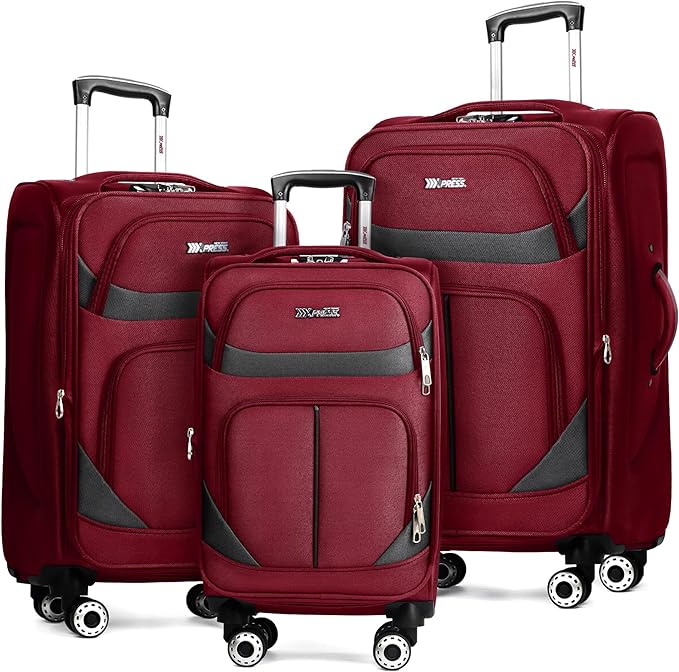 3-Piece Softside Expandable Luggage Set with Front Open Pocket,Lightweight Durable Suitcase Sets Double Spinner Wheels & w/LOCK（Burgundy-Grey,20in/24in/28in）