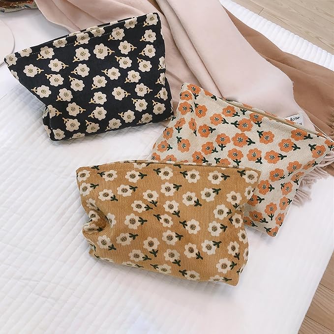 HAPPYHEIDI Women Floral Corduroy Makeup Bag Travel Cosmetic Canvas Pouch Purse Organizer, Cute Beige Flowers