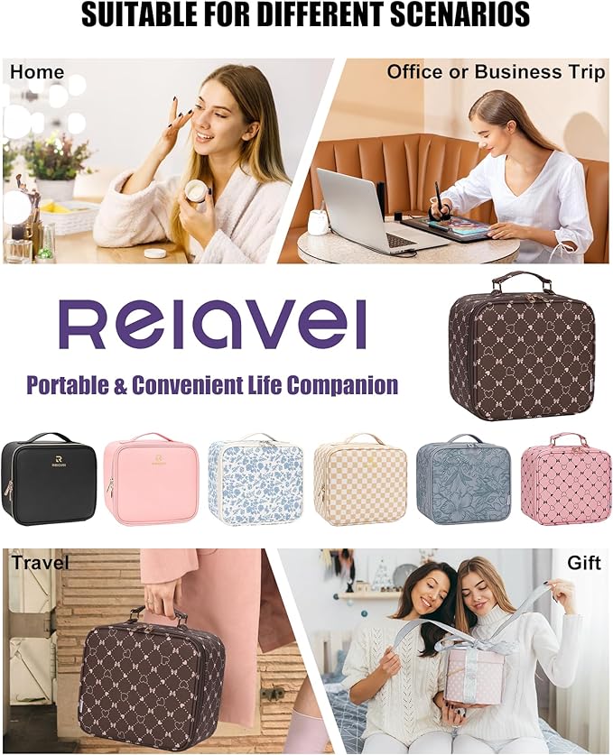 Relavel Travel Makeup Bag With LED Mirror, Portable Cosmetic Organizer Bag with Adjustable Brightness in 3 Color Scenarios, Small Train Case with Detachable Dividers for Trip- Brown Bowknot