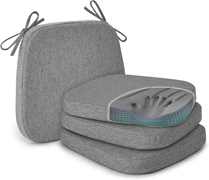 Shinnwa Kitchen Chair Cushions Set of 4, Patented Design Memory Foam Dining Chair Pads with Ties and Washable Cover, 4 Pack, 17" x 16" x 2", Dark Grey