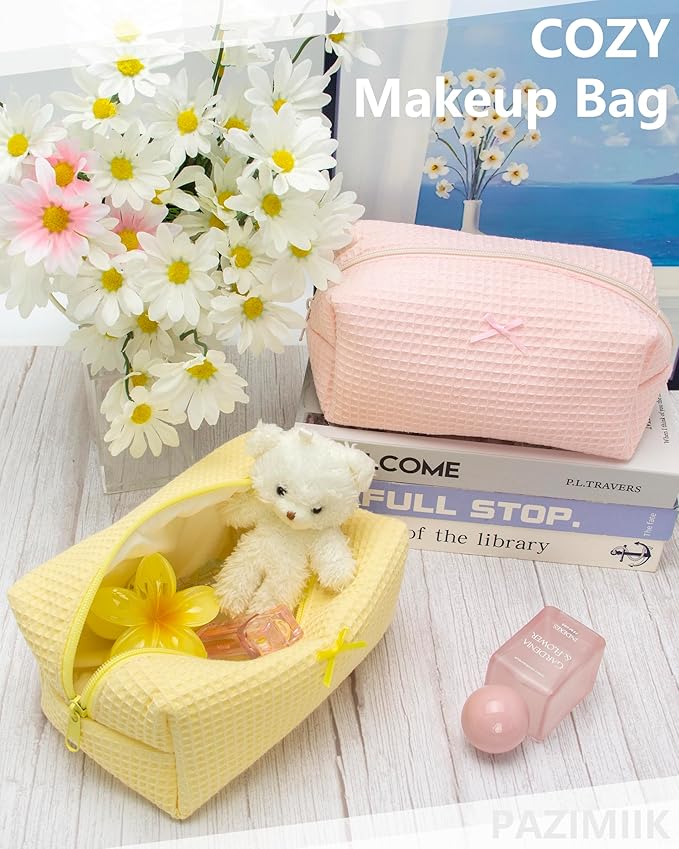 PAZIMIIK Cozy Makeup Bag Travel Cosmetic Bag for Women Soft Toiletry Bag Aesthetic Makeup Organizer Portable Large Zipper Pouch for Skincare Beauty Accessories Brushes Waffle Check Yellow
