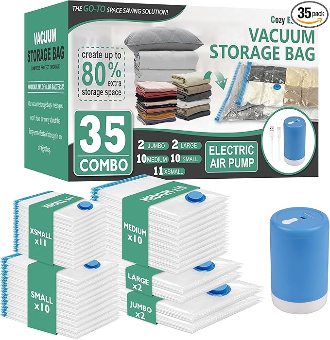 Cozy Essential Travel Vacuum Storage Bags with Rechargeable Cordless USB Pump, Space Saver Bags for Luggage, Suitcase, Carry-On, for Clothes, Blankets, Bedding & Seasonal Storage,35 Combo