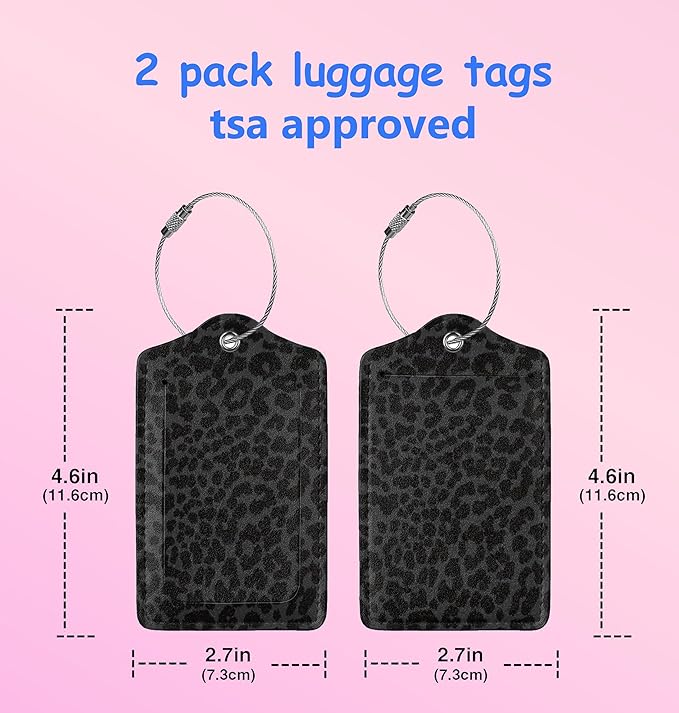 2P Luxury Black Grey Leopard Cheetah Luggage Tags Privacy Cover ID Label with Stainless Steel Loop and Address Card for Travel Bag Suitcase Funny Cute Man Women Kids