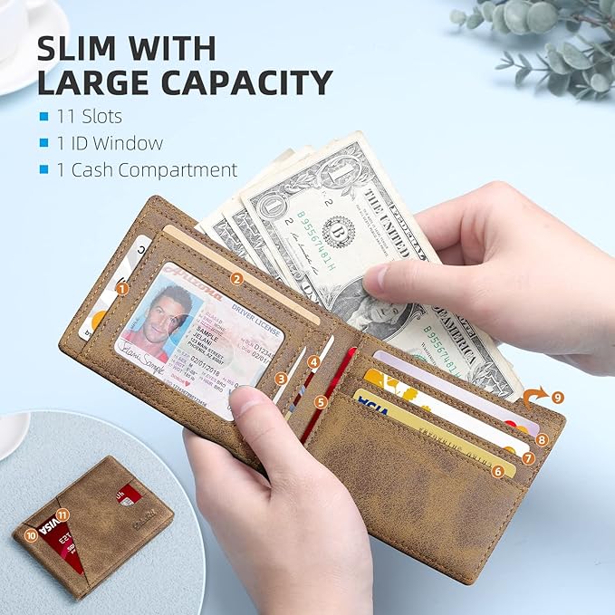 Zitahli Bifold Wallets for Men - Slim RFID Leather Credit Card Holder for 6-11 Cards, Minimalist Thin Wallet with ID Window & Cash Slot,Front Pockt Carteras Para Hombres, Birthday Gifts for Men | Slim, RFID Blocking, Premium, Front Pocket, Gift Box, Le...