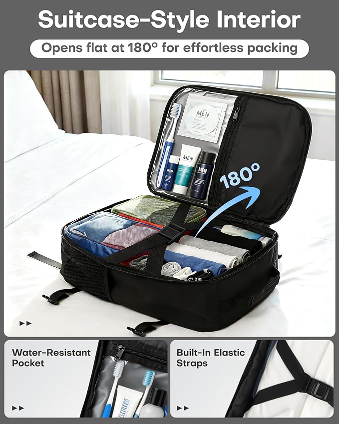 HOTOR Travel Backpack - TSA-Friendly Carry-On Backpack for Men & Women, Internal Luggage Straps & Waterproof Pocket, Perfect for Travel Essentials, Work, Commuting, 16.9" x 11.4" x 7.9", Black